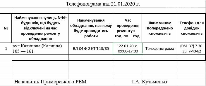Увага! Сьогодні 22.01, у Приморську планові відключення ел..., фото-1 Увага! Сьогодні 22.01, у Приморську планові відключення електропостачання, фото-1