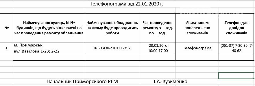 Увага! Сьогодні 23.01, у Приморську планові відключення ел..., фото-1 Увага! Сьогодні 23.01, у Приморську планові відключення електропостачання, фото-1