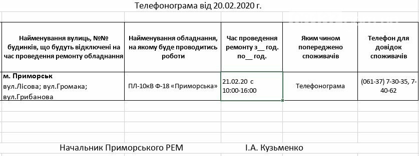 Увага!Сьогодні 21.02 на деяких вулицях Приморська буде від..., фото-1 Увага!Сьогодні 21.02 на деяких вулицях Приморська буде відсутнє електропостачання, фото-1