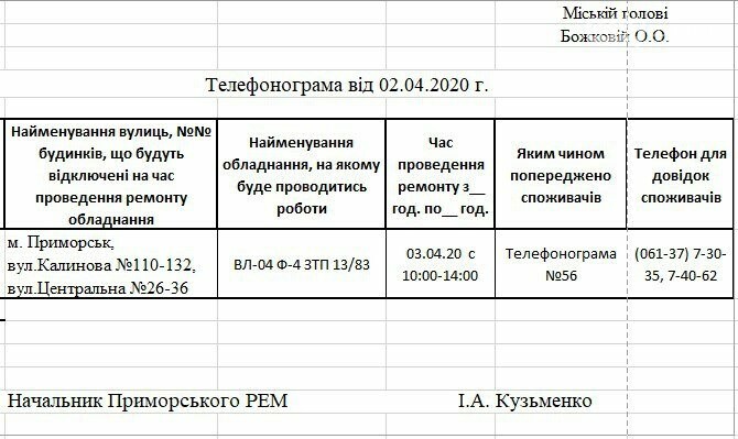 Увага! Сьогодні 03.04 на деяких вулицях Приморська буде від..., фото-1 Увага! Сьогодні 03.04 на деяких вулицях Приморська буде відсутнє електропостачання, фото-1
