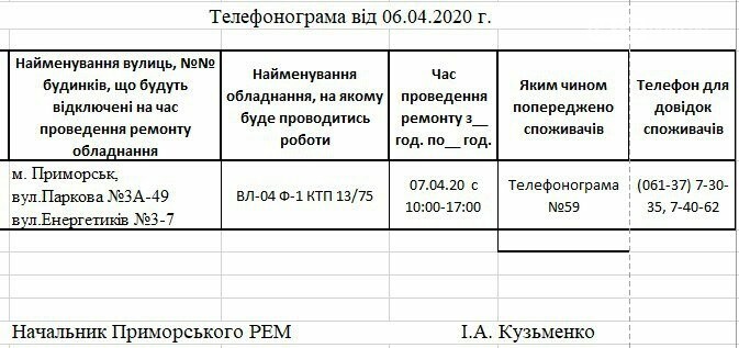 Увага! Сьогодні 07.04 надеяких вулиця Приморська буде відсу..., фото-1 Увага! Сьогодні 07.04 надеяких вулиця Приморська буде відсутнє електропостачання, фото-1