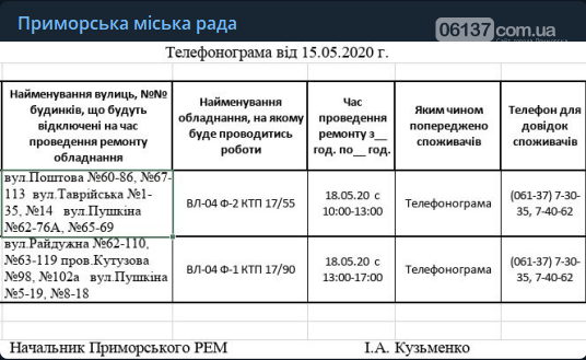 Сьогодні ,18.05, на деяких вулицях Приморська буде відсутнє..., фото-1 Сьогодні ,18.05, на деяких вулицях Приморська буде відсутнє електропостачання, фото-1