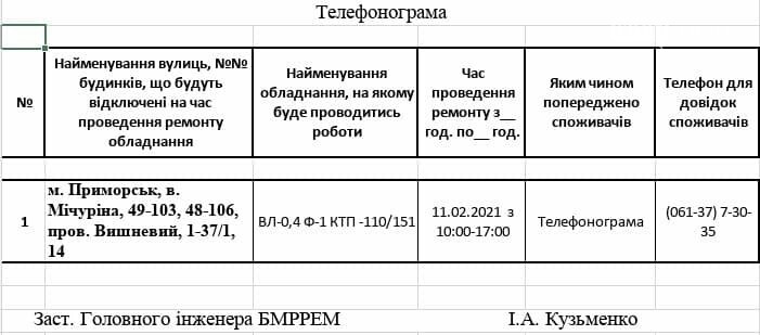 Сьогодні на деяких вулицях Приморська відбудеться планове в..., фото-1 Сьогодні на деяких вулицях Приморська відбудеться планове відключення електропостачання, фото-1