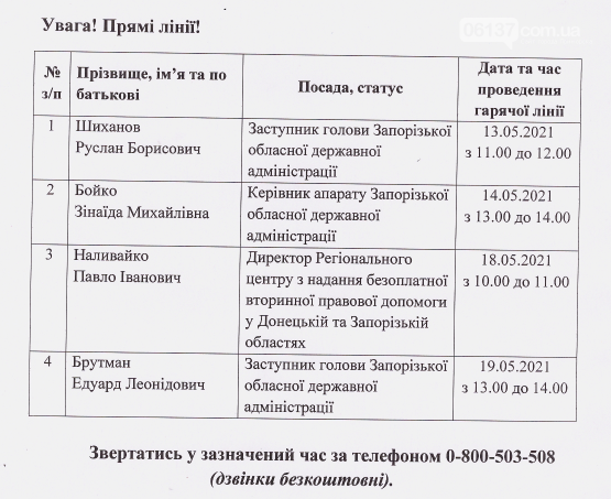 Дата та час "гарячих ліній" в травні 2021 р. від керівник..., фото-1 Дата та час "гарячих ліній" в травні 2021 р. від керівників Запорізької обладміністрації , фото-1
